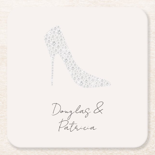Blush Diamond High Heel Shoe Wedding Square Paper Coaster (Front)