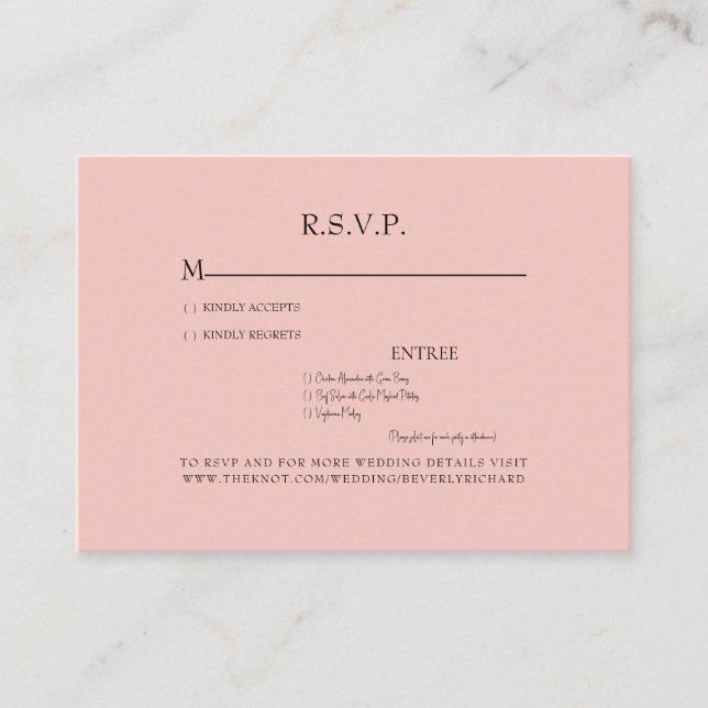 Blush Dinner Options Wedding RSVP Enclosure Card (Front)