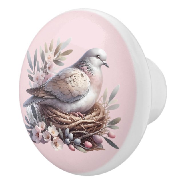 Blush Dove Nest with Flowers and Olive Branches Ceramic Knob (Right)