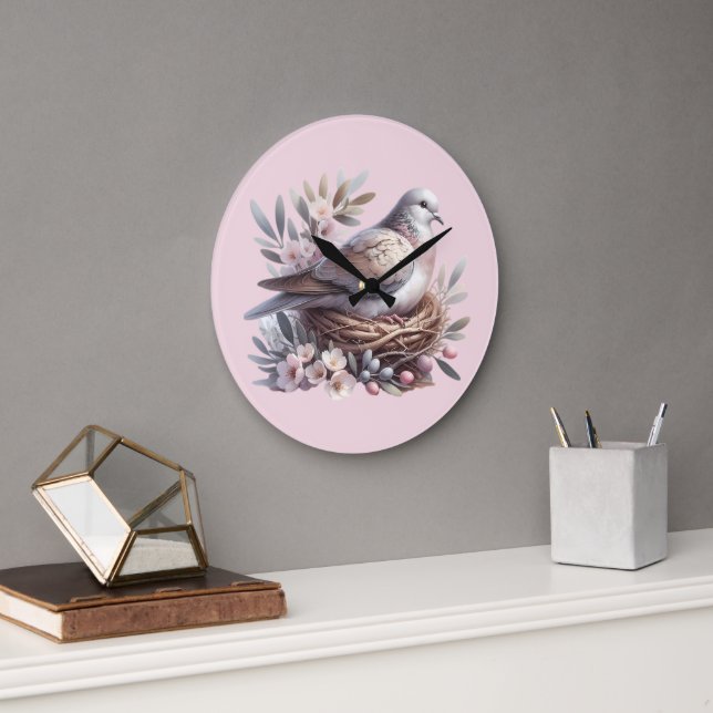 Blush Dove Nest with Flowers and Olive Branches Large Clock (Office)