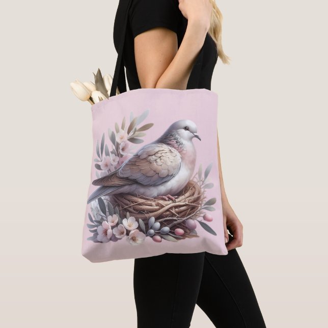Blush Dove Nest with Flowers and Olive Branches Tote Bag (Close Up)