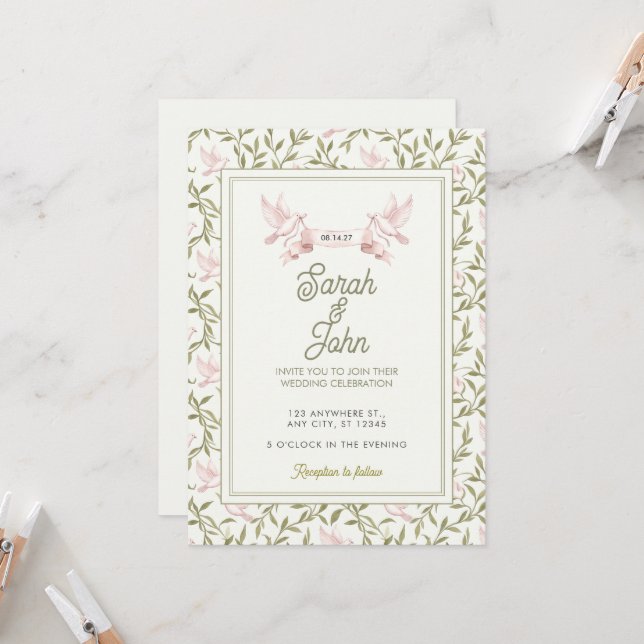 Blush Dove Olive Vine Wedding Invitation (Front/Back In Situ)