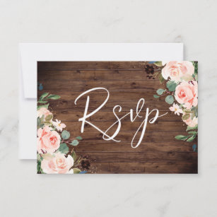 Blush Dreams: Blush Flowers & Rustic Wood Wedding RSVP Card