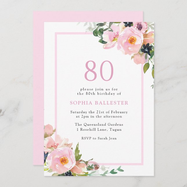Blush Dreams Floral Womans 80th Birthday Party Invitation (Front/Back)