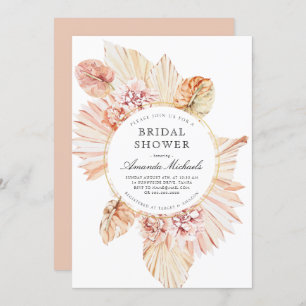 Blush Dried Palm Leaves Boho Chic Bridal Shower Invitation