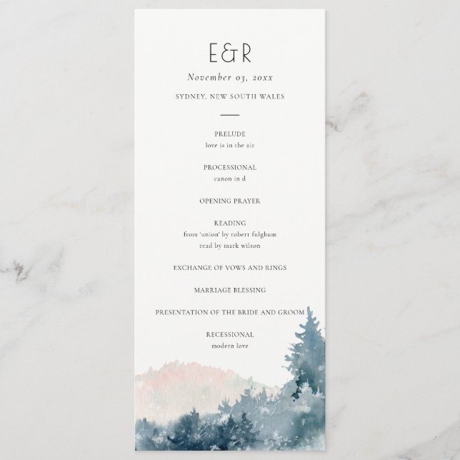 BLUSH DUSKY BLUE MOUNTAIN WEDDING CEREMONY PROGRAM (Front)
