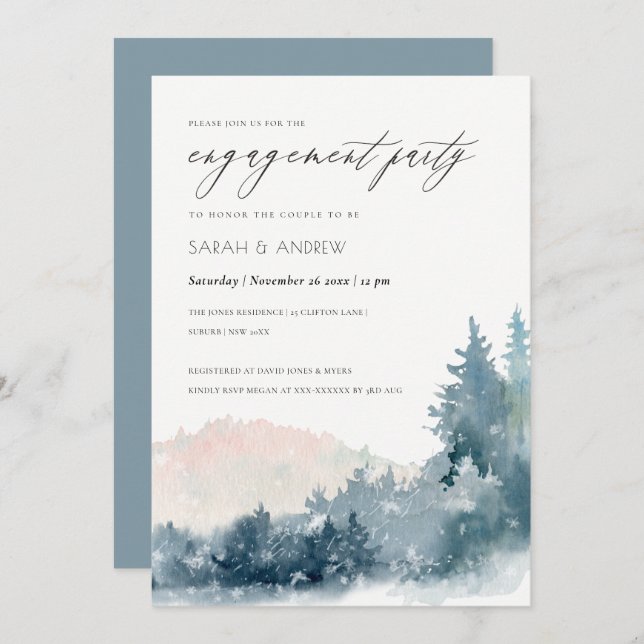 BLUSH DUSKY BLUE MOUNTAINS PINE ENGAGEMENT INVITE (Front/Back)