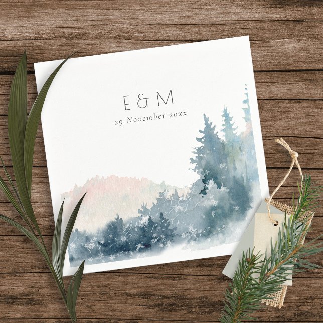 BLUSH DUSKY BLUE MOUNTAINS PINE MONOGRAM WEDDING NAPKIN (Creator Uploaded)