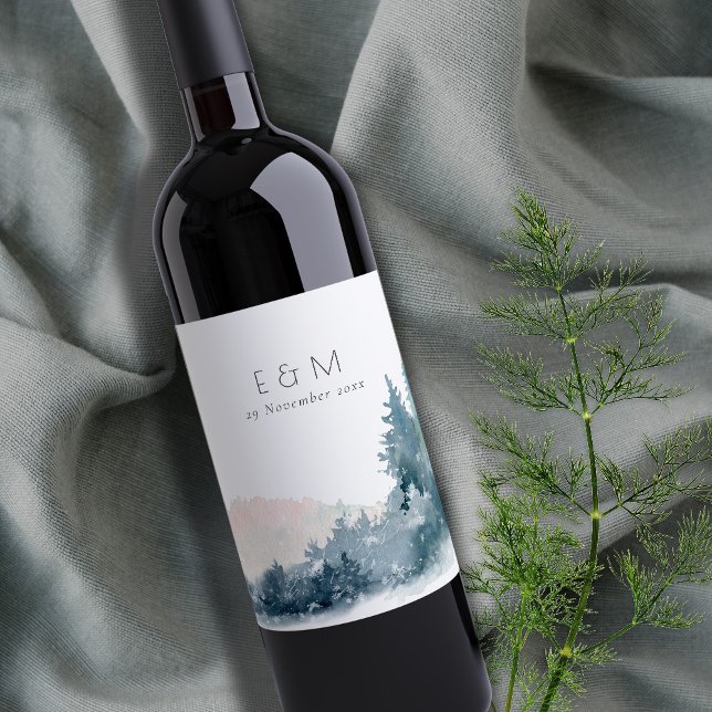 BLUSH DUSKY BLUE MOUNTAINS PINE MONOGRAM WEDDING WINE LABEL (Creator Uploaded)