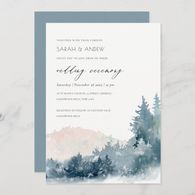 BLUSH DUSKY BLUE MOUNTAINS PINE WEDDING INVITE (Front/Back)