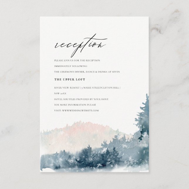 BLUSH DUSKY BLUE MOUNTAINS PINE WEDDING RECEPTION  ENCLOSURE CARD (Front)