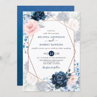 Blush Dusty and Navy Blush Pink Floral Wedding Invitation