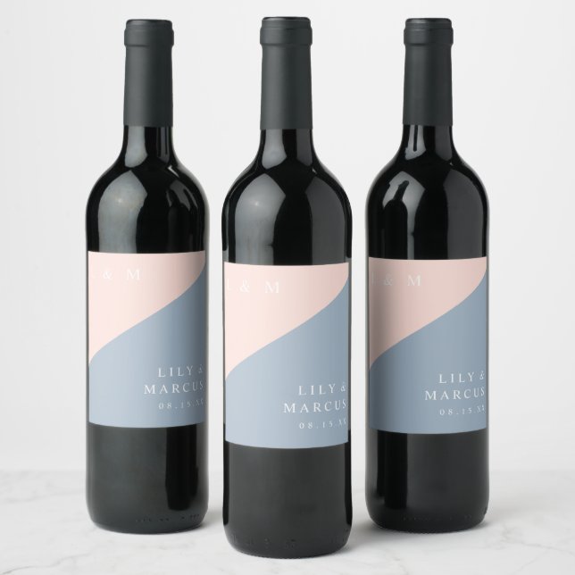 Blush Dusty Blue Modern Elegant Monogram Wedding Wine Label (Bottles)