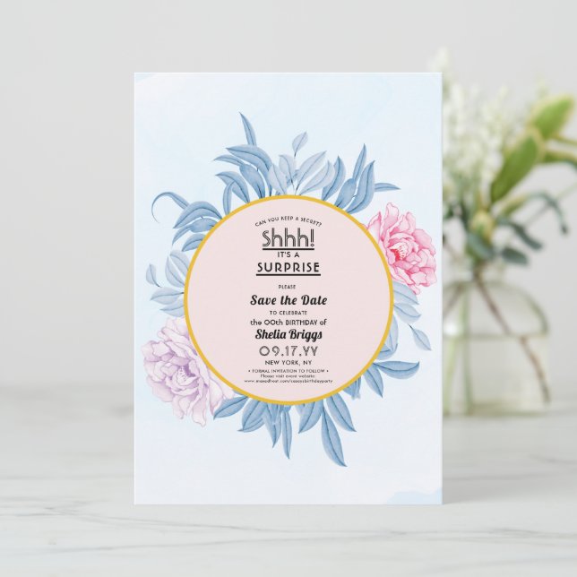 Blush Dusty Blue Watercolor 40th Birthday Save The Date (Standing Front)