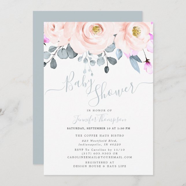Blush & Dusty Blue Watercolor Floral Baby Shower Invitation (Front/Back)