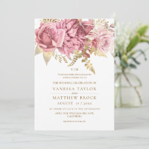 Blush Dusty Floral Rose Gold Elegant Wedding Invitation
