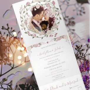 Blush Dusty Pink Earthy Hues Peony Floral  Wedding Tri-Fold Invitation