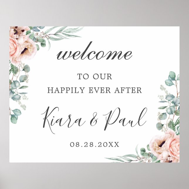 Blush Dusty Pink Floral Eucalyptus Wedding Welcome Poster (Front)