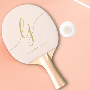 Blush Dusty Pink Modern Gold Script Monogram Name  Ping Pong Paddle