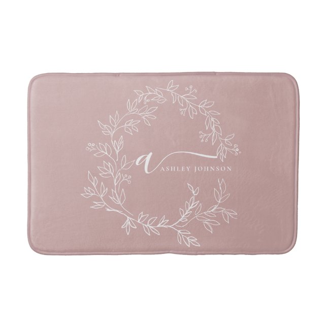 Blush Dusty Pink Modern Script Girly Monogram Name Bath Mat (Front)