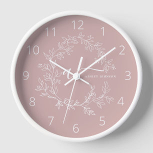 Blush Dusty Pink Modern Script Girly Monogram Name Clock