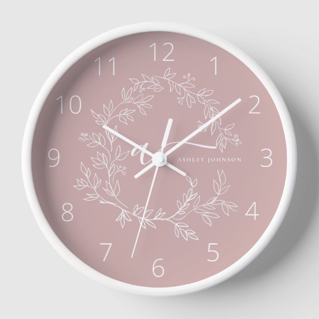 Blush Dusty Pink Modern Script Girly Monogram Name Clock (Front)
