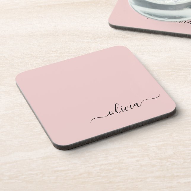 Blush Dusty Pink Modern Script Girly Monogram Name Coaster (Left Side)