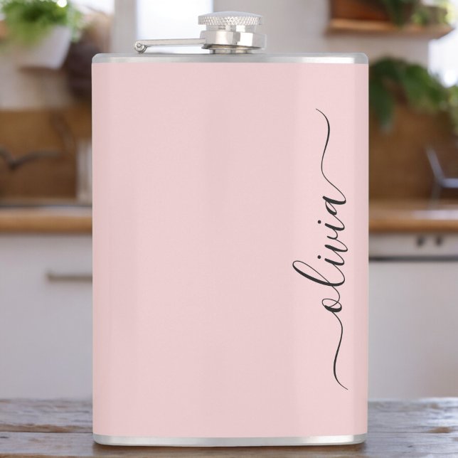 Blush Dusty Pink Modern Script Girly Monogram Name Hip Flask (Creator Uploaded)