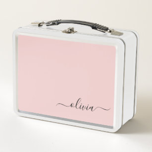 Blush Dusty Pink Modern Script Girly Monogram Name Metal Lunch Box