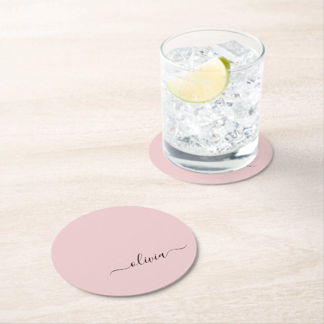 Blush Dusty Pink Modern Script Girly Monogram Name Round Paper Coaster (Insitu)