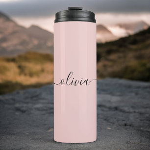 Blush Dusty Pink Modern Script Girly Monogram Name Thermal Tumbler