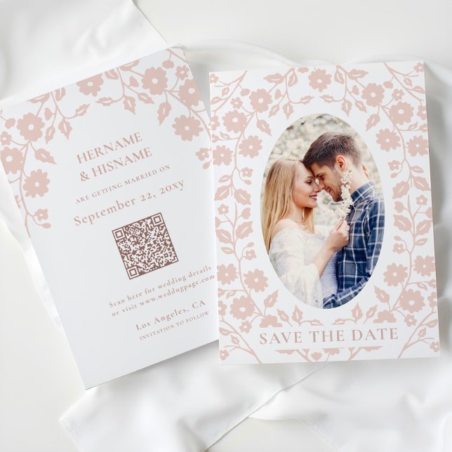 Blush Dusty Pink Photo QR Code Website Folk Floral Save The Date (Creator Uploaded)