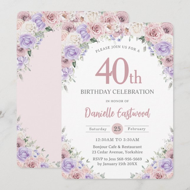 Blush Dusty Pink Purple Floral 40th 60th Birthday Invitation (Front/Back)