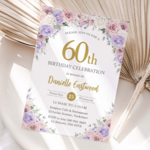 Blush Dusty Pink Purple Floral 50th 60th  Birthday Invitation