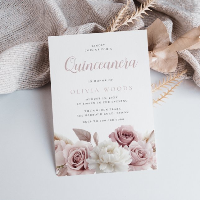 Blush & Dusty Rose Botanical Floral Quinceanera Invitation (Creator Uploaded)