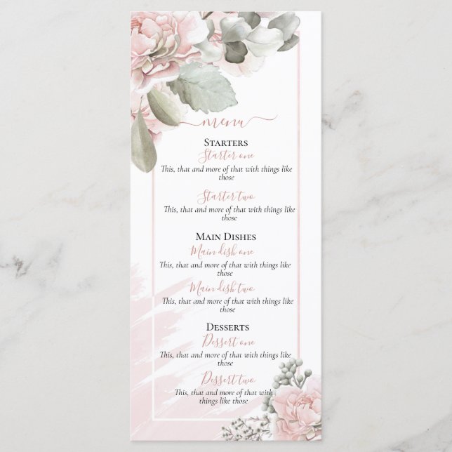 Blush dusty rose floral elegant boho wedding menu (Front)