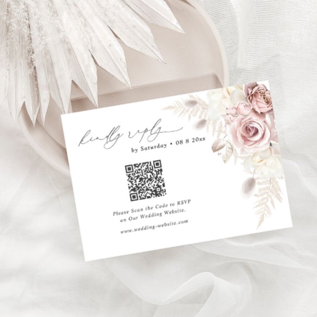 Blush Dusty Rose Floral Wedding QR Code RSVP Enclosure Card (Creator Uploaded)