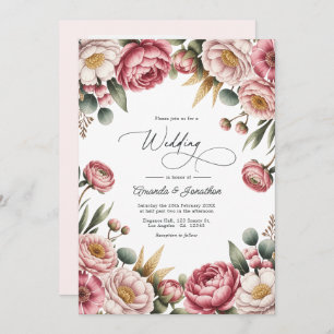Blush, Dusty Rose & Gold Floral Wedding QR Code Invitation