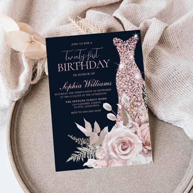 Blush Dusty Rose Gold Gown 21st Birthday Party Invitation (Creator Uploaded)
