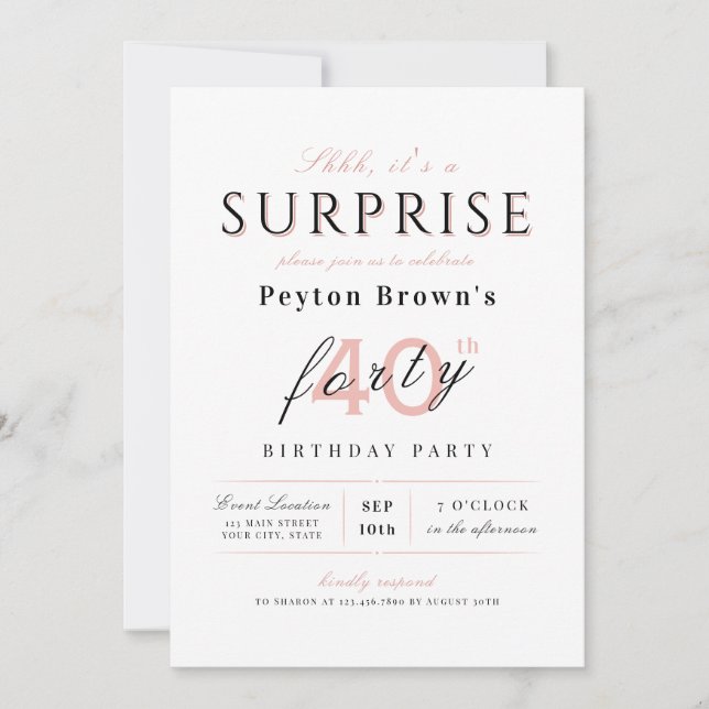 Blush elegant modern classy surprise 40th birthday invitation (Front)