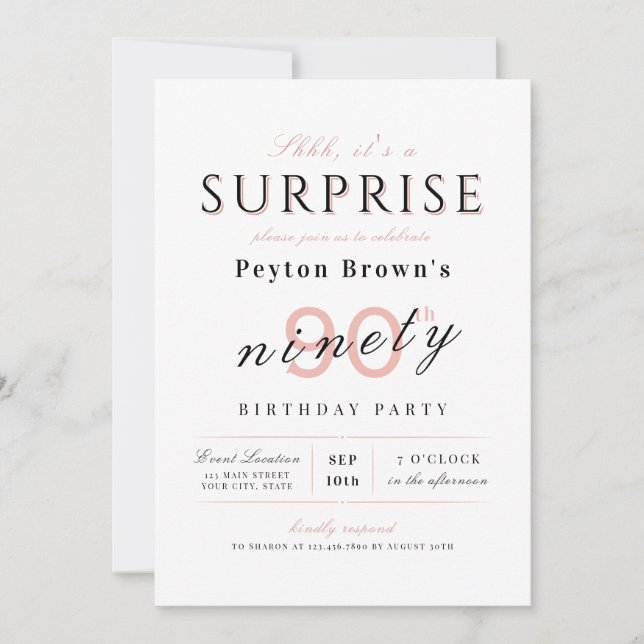 Blush elegant modern classy surprise 90th birthday invitation (Front)