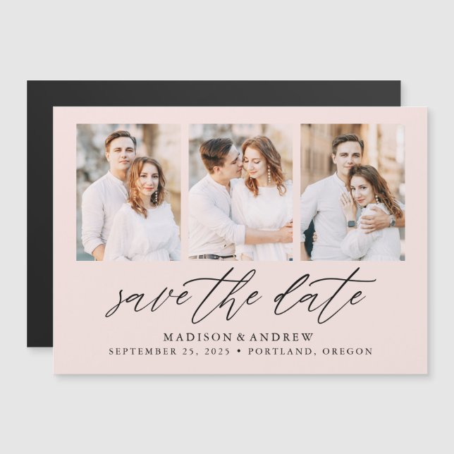 Blush Elegant Script 3 Photo Collage Save the Date Magnetic Invitation (Front/Back)