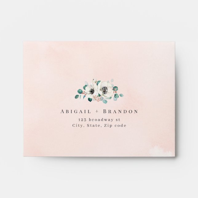 Blush eucalyptus anemone floral wedding RSVP Envelope (Front)