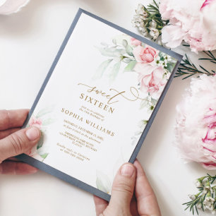 Blush & Eucalyptus Floral Sweet 16 Birthday Invitation