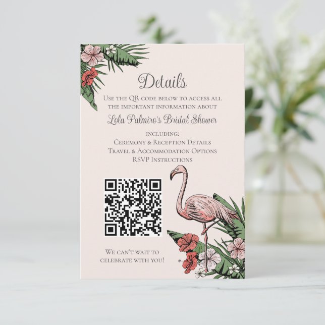 Blush Flamingo Bridal Shower Website QR Code Enclosure Card (Standing Front)