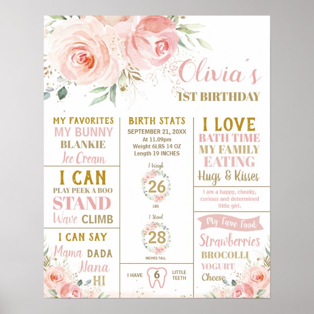 Blush Floral 1st Birthday Milestone Birth Stats  Poster (Front)