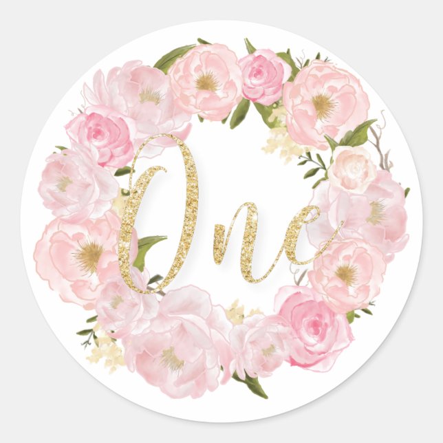 Blush Floral 1st Birthday One Gold Glitter Favor Classic Round Sticker (Front)