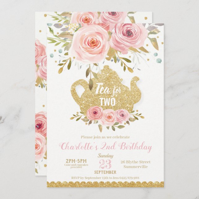 Blush Floral 2nd Birthday High Tea for Two Party Invitation (Front/Back)