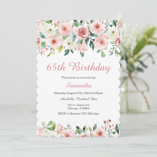Blush Floral 65th Birthday Invite (Standing Front)