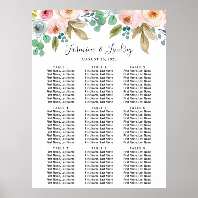 Blush Floral 9 Table Wedding Seating Chart Poster (Front)